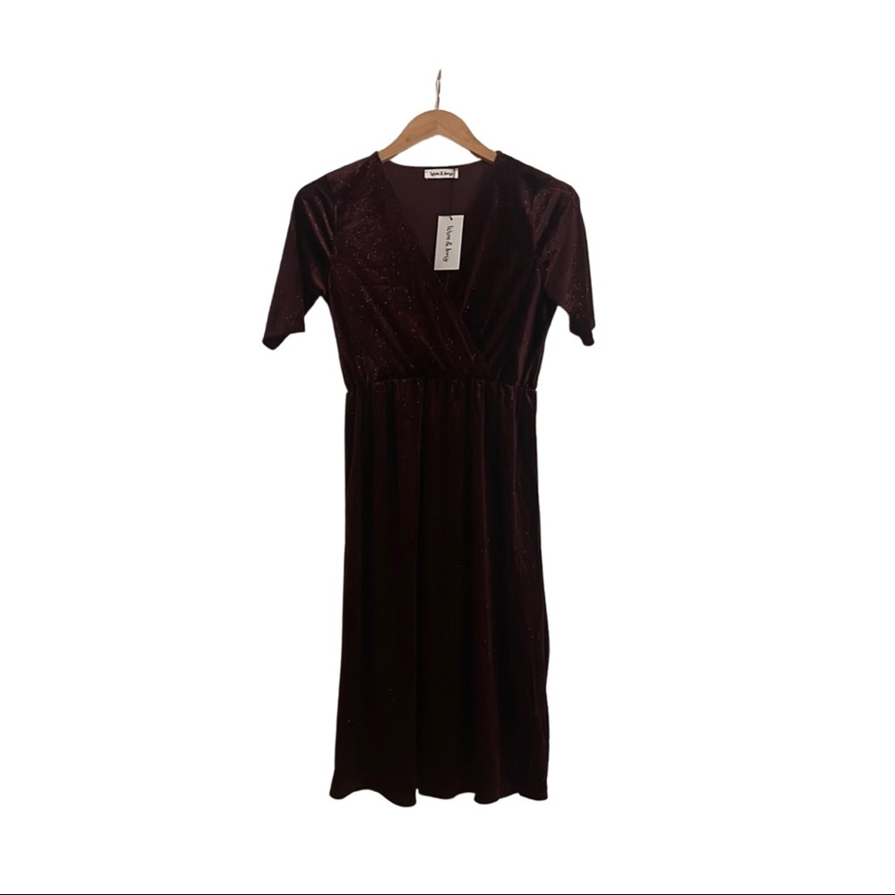 NWT Wren & Ivory Eva Velour party dress, wine red with sparkles, small, vneck